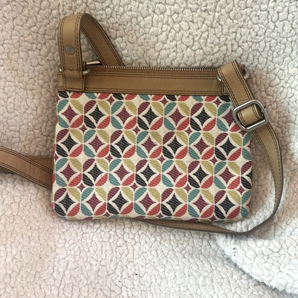 Fossil Multicolor Geometric Diamond Print Fabric Leather Small Crossbody Purse - Picture 5 of 8
